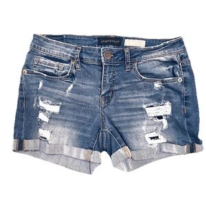 Aeropostale Size 4 Blue Jean Denim Shorts Distressed Medium Wash Cuffed Low Rise